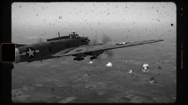 A world war ii b17 flying fortress bomber plane on a combat mission drops its bomb payload during a strategic military raid over enemy held territory