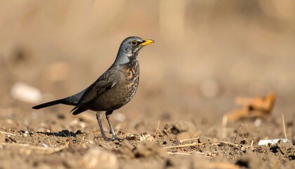 Bird foraging on dry ground