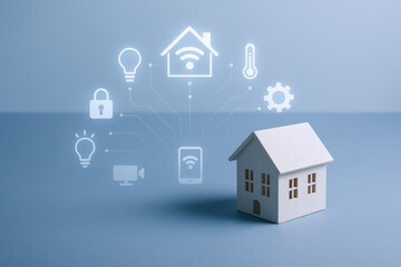 Fototapeta na wymiar Smart Home Automation Concept: Miniature House with Connected Devices, Modern Technology and Innovation on Blue Background
