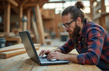 Bearded woodworker in glasses types on laptop at his timber workshop. He wears plaid shirt and apron. Man uses computer for online business planning or orders.