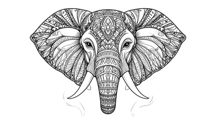 Intricate black and white line art illustration of an elephant head, adorned with detailed mandala patterns, showcasing a majestic and serene mood.