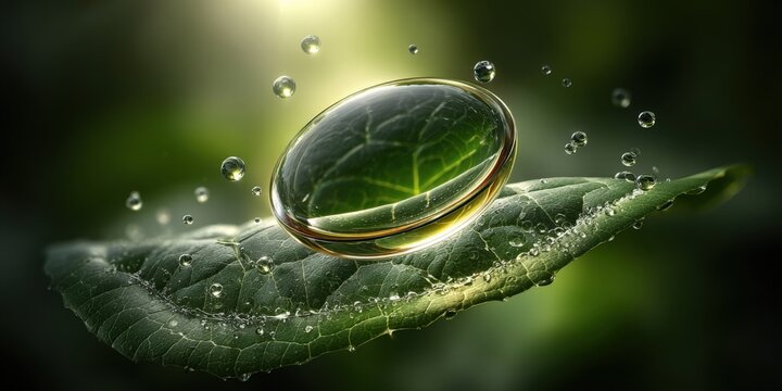 Gel capsule with leaf extract on green leaf with water droplets promotes natural health