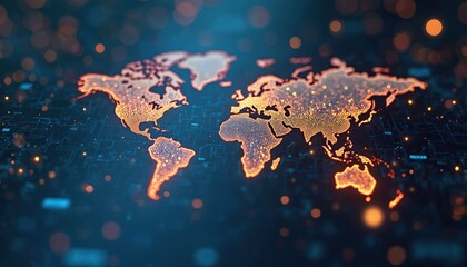 Digital world map composed of glowing dots and circuits. Abstract globe shows global connectivity, finance, and tech progress. Data streams form continents on dark background with bokeh.