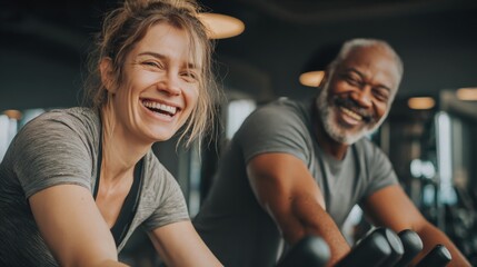 Cheerful Woman and Man Enjoying a Spin Class Together at the Gym, Focused on Healthy Living