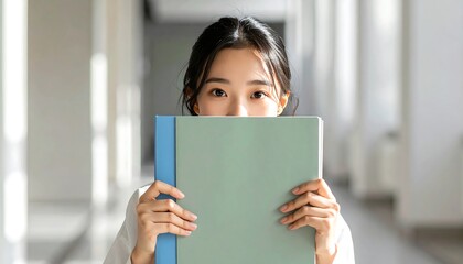 A young woman hides her face behind a light-green folder, creating a sense of mystery and contemplation within a bright, modern hallway.