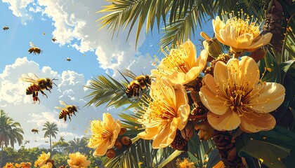 A vibrant display of honeybees flitting amongst bright yellow flowers beneath a sunny sky filled with fluffy clouds.