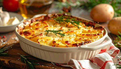 A savory potato gratin dish, topped with rosemary and melted cheese, sits in a white baking dish, ready to be enjoyed.