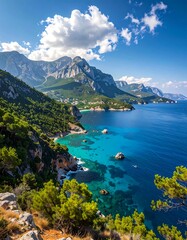 Stunning coastal vista showcasing vibrant turquoise waters, lush green hills, and rugged cliffs against a backdrop of towering mountains under a vibrant blue sky.