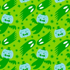 Autumn harvest vegetable seamless monster Halloween pumpkins pattern for wrapping paper and fabrics