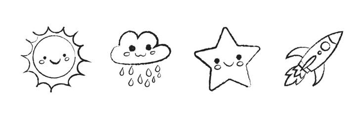 Cute Kawaii Doodle Icons Sun Cloud Star Rocket Hand Drawn Cartoon Set