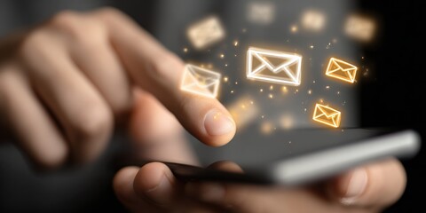 Person using smartphone with glowing email icons, representing communication and digital messaging on mobile device