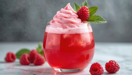 Refreshing raspberry punch with whipped topping and fresh berries. This festive drink is perfect for parties, holidays, and celebrations. Enjoy a sweet treat on a summer day.