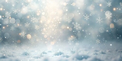 Soft focus winter wonderland background with falling snowflakes and bokeh lights, creating a magical and festive atmosphere for holiday designs and winter themes