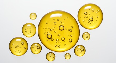 Fototapeta premium Golden oil drops with air bubbles isolated on white background for skincare design