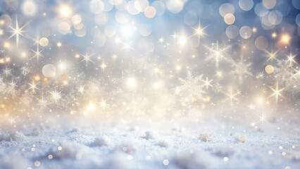 A magical winter wonderland scene with soft, glowing bokeh lights and sparkling snowflakes scattered across a snowy landscape, evoking a festive and ethereal holiday atmosphere