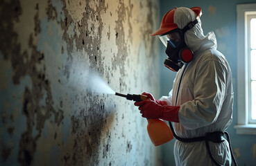 Man in hazmat suit sprays mold on wall. Worker uses sprayer, wears protective gear. Safety mask provides filtration. Home indoor mold sanitation, removal service job. Cleaning treatment maintenance.