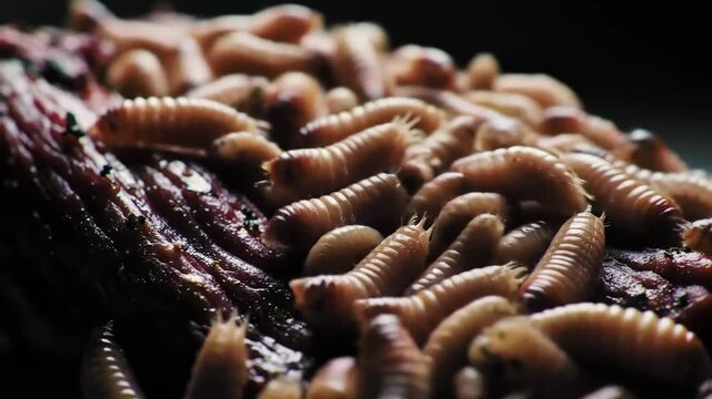 Macro view of a teeming colony of maggots, the larvae of flies, consuming decaying flesh in the process of natural decomposition