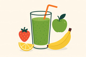 A refreshing green smoothie in a tall glass with a straw. Surrounding fruits include a banana, green apple, strawberry, and lemon slice.