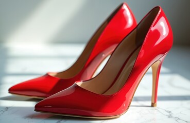 Red patent leather stiletto heels arranged on marble surface. Pointed toe pumps with high thin heel add elegance and glamour to any outfit. Perfect for fashion shoots.