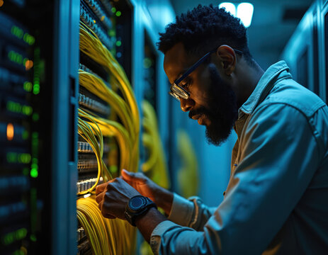 Focused African American man works with server cables in a data center at night. He handles wires, dealing with networking hardware. The scene shows IT work and technology.
