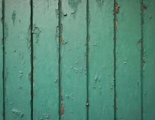 Obraz premium Vertical wooden planks with peeling green paint showing textured grain and rough surface. Worn, aged material forms a weathered background with abstract pattern.