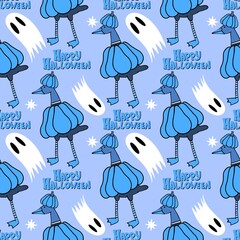 Autumn harvest vegetable seamless monster Halloween duck pumpkins pattern for wrapping paper and fabrics
