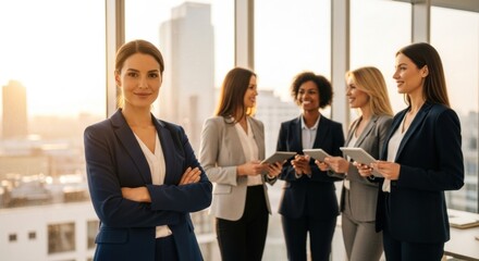 Empowered diverse business women team smiling confidently in a modern corporate office, holding tablets. Successful female executives collaborating with a city view.