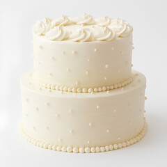 Elegant White Two-Tier Cake with Pearl Decorations &ndash; Wedding or Celebration Dessert on White Background