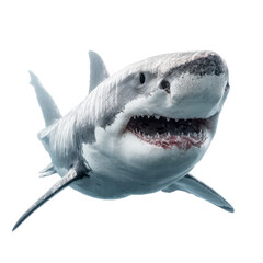 Naklejka premium Close up of a powerful great white shark with its mouth open showing sharp teeth isolated on transparent background
