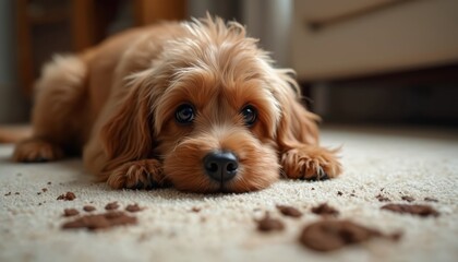 Cute puppy lies on a carpet leaving muddy paw prints. This domestic animal track marks indoors, creating a messy scene. A household chore like cleaning is needed.