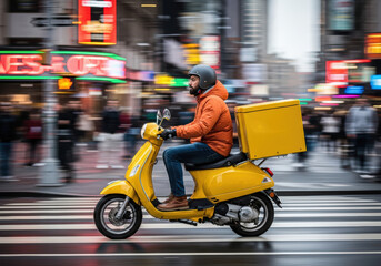 A delivery driver on a yellow scooter in motion for an urban delivery, symbolizing the speed and efficiency of modern services