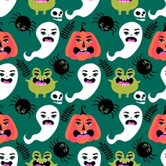 Autumn harvest vegetable seamless monster Halloween pumpkins pattern for wrapping paper and fabrics