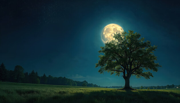 Solitary tree stands in moonlit grassy field under starry night sky. Full moon illuminates the tranquil rural landscape, creating a peaceful atmosphere. - Powered by Adobe