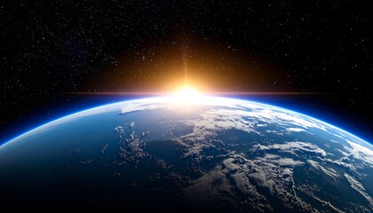 Fototapeta premium A vibrant depiction of planet Earth from space with the sun rising above the horizon, showcasing the atmosphere and stars