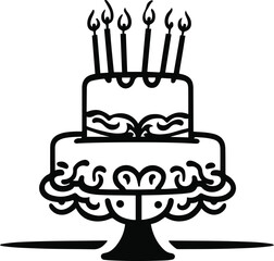 Black bold outline with white background, Minimal black outline of birthday cake with candles, celebration concept 3