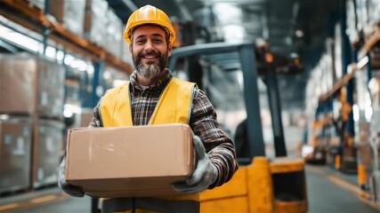 Hardworking professional lifts packages with a smile in a busy warehouse environment during the day, showcasing dedication and teamwork among colleagues - Powered by Adobe