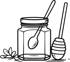 Black bold outline with white background, Minimal line art of honey jar with honey dipper, food illustration 3
