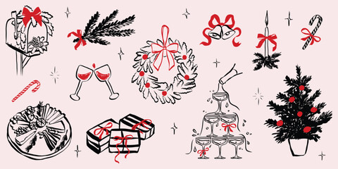 Whimsical chalk doodles of Christmas party. Quirky icons of festive symbols. Crayon drawing for menus and invitations. Outline doodle vector illustration