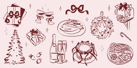 Obraz na płótnie Canvas Whimsical chalk doodles of Christmas party. Quirky icons of breakfast and dinner meals in crayon style. Crayon drawing for menus and invitations. Handwriting quirky vector illustration