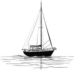 Black bold outline with white background, Minimal single line drawing of sailboat on calm sea, black outline 2