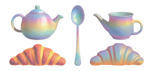 Colorful Teapot, Spoon, and Croissant in Iridescent Style on Transparent Background