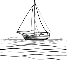 Black bold outline with white background, Minimal single line drawing of sailboat on calm sea, black outline
