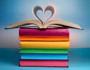 Fototapeta premium a stack of colorful books with an open book on top forming a heart shape in a creative display of literature