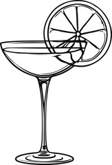 Black bold outline with white background, Outline vector of cocktail glass with lemon slice, summer vibe 2