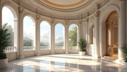 Fototapeta premium Grand classical hall interior features ornate columns high arches, large sunlit windows. Polished marble floor reflects bright golden sun light. Green potted plants decorate elegant open space.