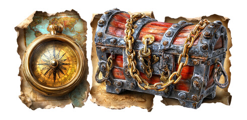 Vintage Compass and Treasure Chest Against Torn Map Background in Isolated Style
