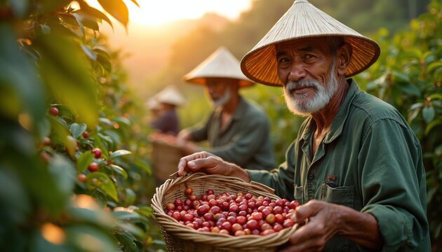 Elderly man in conical hat harvests ripe coffee cherries into basket. Other farmers work on plantation field in morning sunlight. Coffee picking at sunrise. - Powered by Adobe