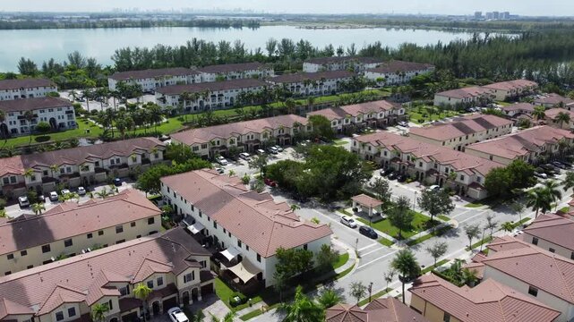 Aerial video of Doral residential community with lake view and Miami skyline in the background