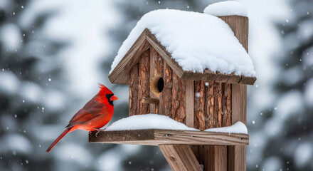 Naklejka premium Cardinal perched on a snow covered birdhouse during a winter snowfall