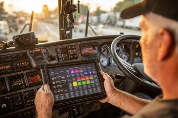 Driver inside truck using a tablet on the road. A close-up shot of modern transportation and technology. Transportation logistics, delivery, modern fleet.